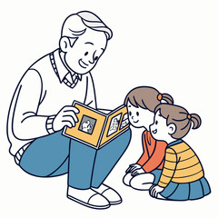 Father reads a picture book to his two daughters creating a heartwarming family moment