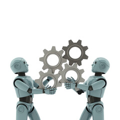Naklejka premium Two futuristic robots collaborating to assemble interlocking gears symbolizing teamwork and mechanical engineering innovation isolated on transparent background