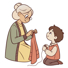 Grandmother teaching her grandson how to knit or sew a garment
