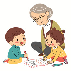 Grandparent and two children drawing and coloring together in a book