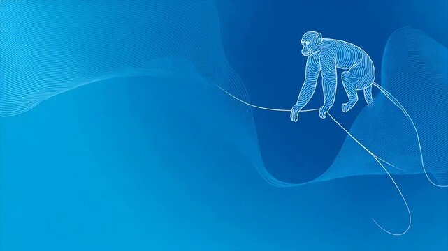 Abstract blue artwork featuring a wireframe monkey on flowing lines