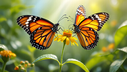 Naklejka premium Two monarch butterflies on a yellow flower in sunlight