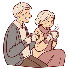 Happy elderly couple enjoying warm drinks together on a cozy day