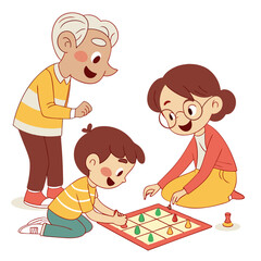 Happy family playing a board game together indoors on a white background