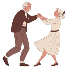 Joyful elderly couple dancing together holding hands with smiles