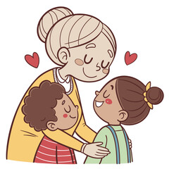 Loving grandmother hugging her two grandchildren with hearts surrounding them