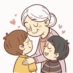 Loving grandmother embracing her two happy grandchildren with hearts floating around them