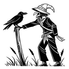 Scarecrow in a pointed hat with a raven perched on a wooden post