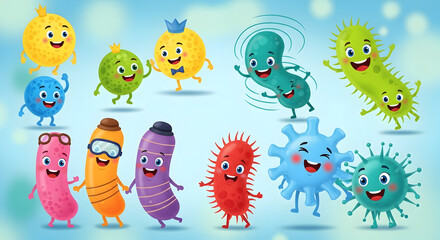 Obraz premium Happy Germ Gang: Cute Cartoon Microbes