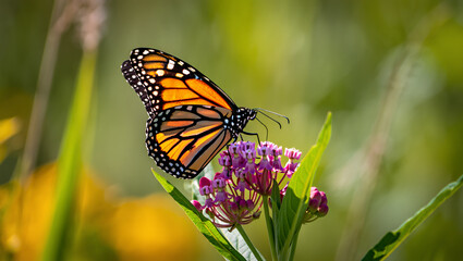Monarch butterfly resting on a purple wildflower in a sunny meadow