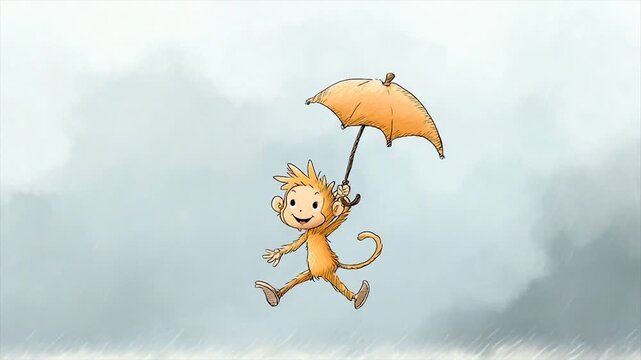 A cheerful monkey joyfully leaps through cloudy skies, holding a bright yellow umbrella