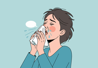 Woman with a cold sneezing into a tissue, feeling unwell with flu symptoms.