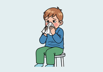A young boy sitting and holding a tissue to his nose, appearing unwell.