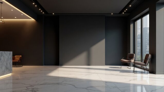 Sala de exposici&oacute;n arquitect&oacute;nica con elegantes pisos de m&aacute;rmol pulido que reflejan la luz ambiental y una gran pared en blanco de color negro mate