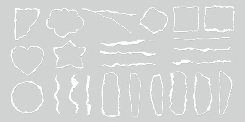 Set of torn paper shapes, including circles, squares, and stars. Torn paper edges, ripped paper texture, torn paper design elements on gray background. Paper outline, frame vector set.
