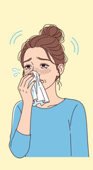 A sad woman with a messy bun cries and wipes her nose with a tissue, appearing sick or emotionally distressed.