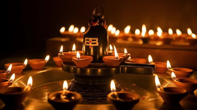 Dark Background Featuring Clay Diya Lamps with Flames Surrounding a Black Shiva Lingam Symbolizing Faith and Tradition in Warm Candle Light