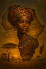 A profile of an African woman with the outline of the African continent, set against a warm savanna landscape at sunset. Adorned in traditional headwear and jewelry
