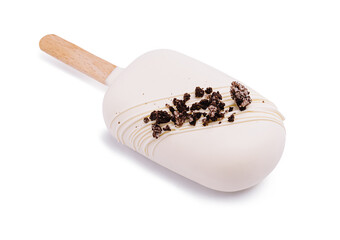 Delicious ice cream treat coated in white chocolate and chocolate crumbs