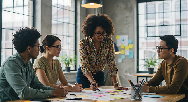 Young employees discussing a project plan around a table in a modern office.


