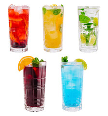 Refreshing summer drinks displayed in tall glasses with ice and garnishes