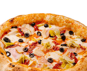 Delicious pizza topped with olives, artichokes, and sun-dried tomatoes