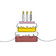 Colorful birthday cake decorated with candles vector illustration. Bakery hand drawn.