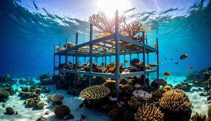 Vibrant underwater scene of a coral propagation frame, a beacon of hope for marine ecosystem recovery