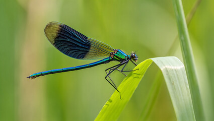 Close up of a beautiful blue dragonfly perched on a green leaf