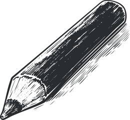Black and white hand-drawn illustration of a wooden pencil with shading and texture details.