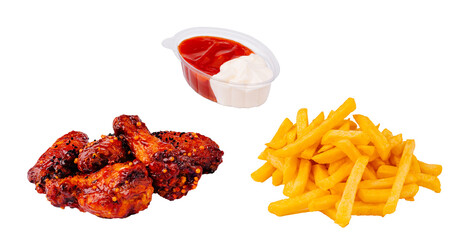 Delicious spicy chicken wings with crispy fries and dipping sauce