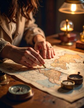 A traveler's hands marking future destinations on a vintage world map. Accompanied by travel documents, this image captures the spirit of planning a new adventure