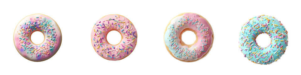 Four freshly baked ring donuts each adorned with colorful frosting and vibrant sprinkles displayed horizontally isolate