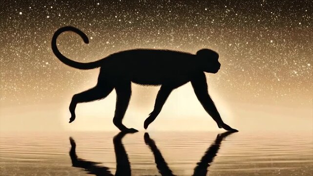 Silhouette of monkey walking on calm water at sunset under a starry sky