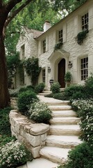Fototapeta premium White house with stone steps and lush landscaping