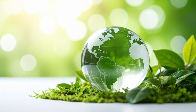 Crystal glass globe resting on moss in a forest – symbol of environmental awareness