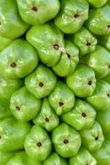 Vibrant Green Tropical Guava Fruit Stack

A vertical close-up of a stack of vibrant green tropical guava fruits, with their distinctive shape and black dots, forming a textured and repeating pattern.
