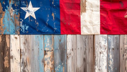 Aged American flag draped over weathered wooden planks