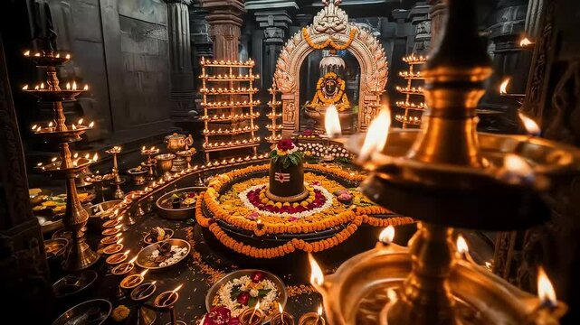 Hindu Temple Interior with Shiva Lingam and Floral Adornments Lit by Oil Lamps Creating a Spiritual Atmosphere Under Arches and Columns