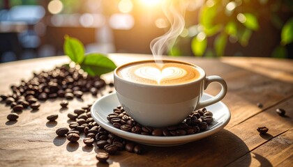Steaming coffee with heart latte art on a wooden table, surrounded by roasted beans. Warm morning sunlight creates a cozy, tranquil scene for a peaceful start