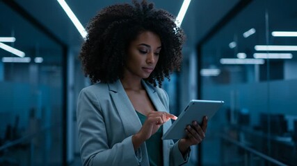Businesswoman using a tablet in a modern office corridor - Powered by Adobe