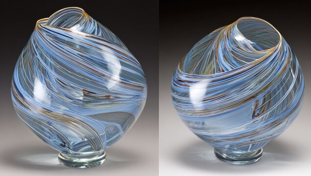 Swirling,  blue glass bowl.  Dual view