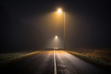 Misty road illuminated by streetlights at night creating an atmospheric and serene ambiance