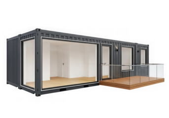Photo of modern shipping container converted into a living space with a balcony, isolated on transparent background