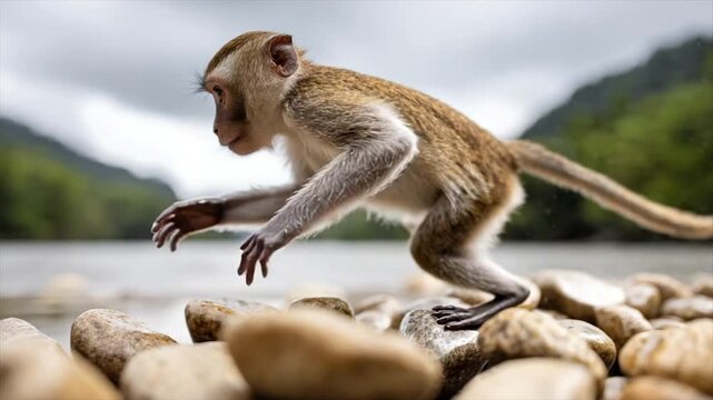 Young monkey leaping across river rocks