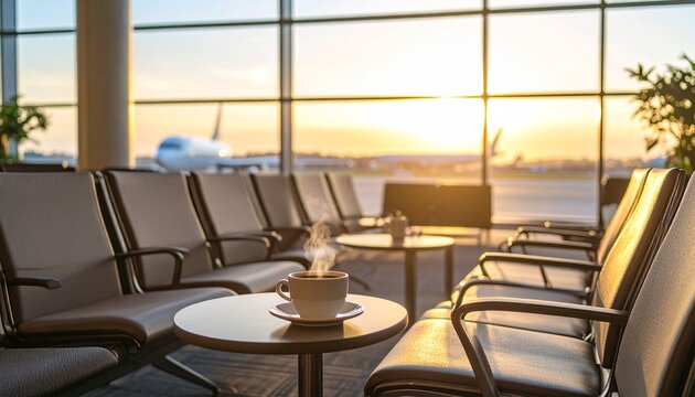 Minimalist and elegant airport lounge with unoccupied comfortable seating