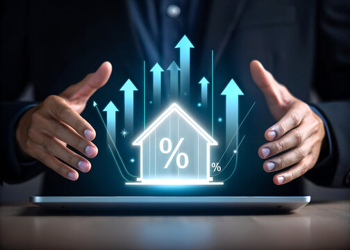Businessman presenting digital house with rising interest rates on tablet.