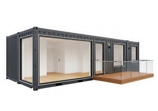 Photo of modern shipping container converted into a living space with a balcony, isolated on transparent background