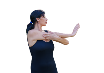 Mature woman stretching arms on transparent background