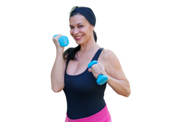 Fitness trainer lifting weights on transparent background